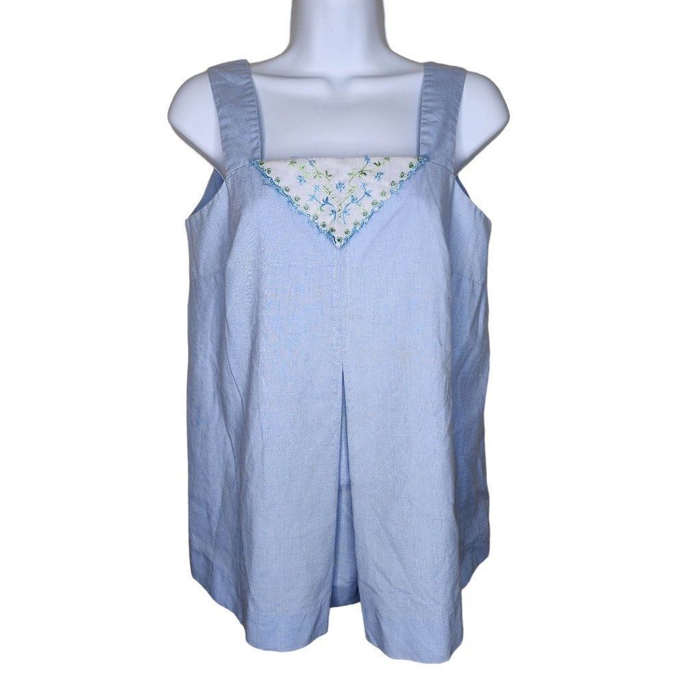 Vintage 70s Maternity Top Tank Womens Size Small Blue Embroidered Flowers